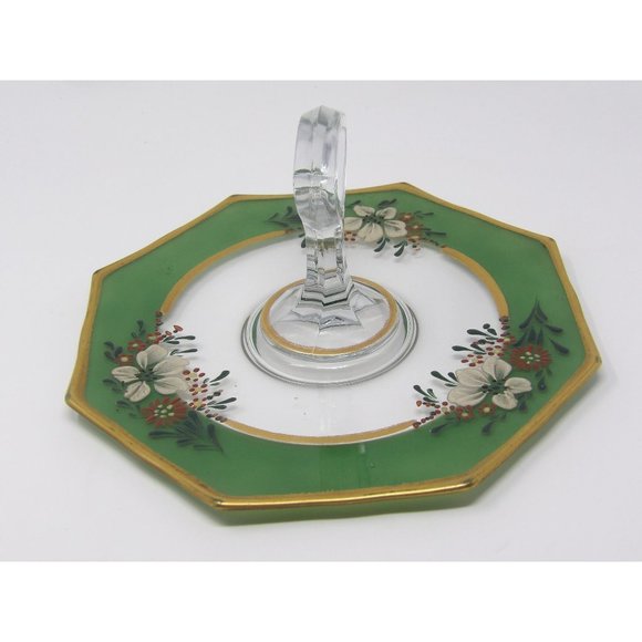 Vintage Glass Tidbit Tray Green and Gold Rimmed with Hand Painted Enamel Flowers - Picture 7 of 10